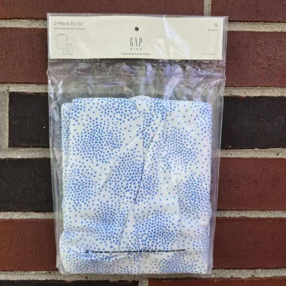 New Gap Kids Organic Cotton 2 Piece Pajamas Set Size 6 Girls Blue Heart Dots